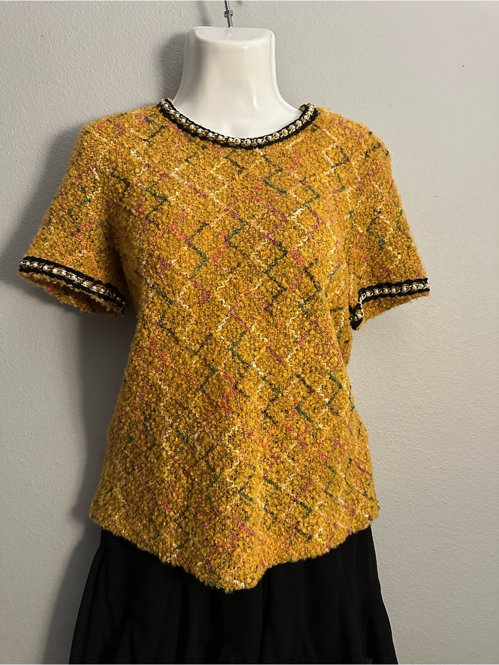 Textured Yellow Bouclé Short-Sleeve Women's Top
